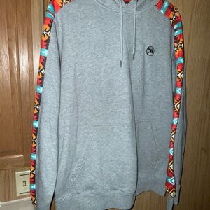 Hooey Gray Hoodie with Vibrant Patterned Sleeves
